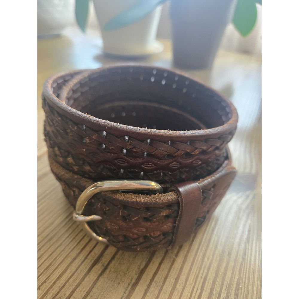 Leather Hand Tooled Woven Brown Belt Hecho en Mexico Mens 40